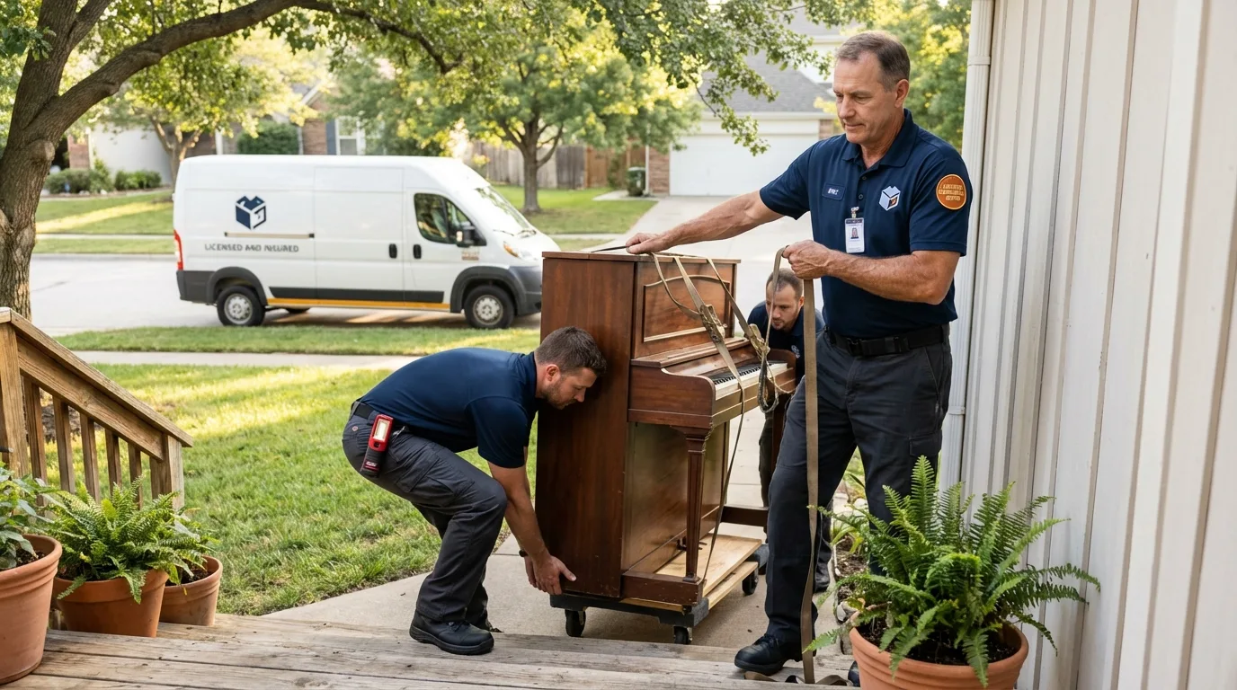 Licensed piano movers securing grand piano in Jonesport, ME