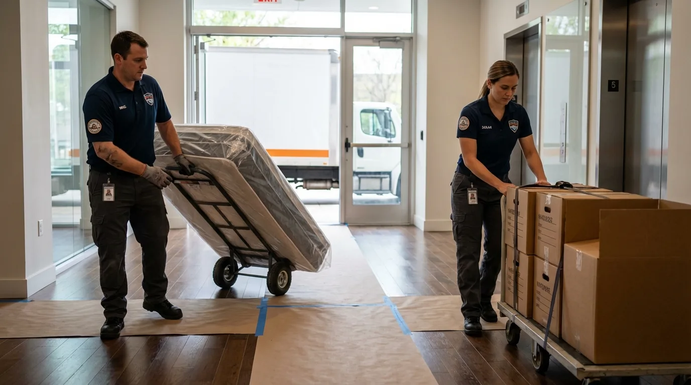 Professional apartment movers loading elevator in Jonesport, ME